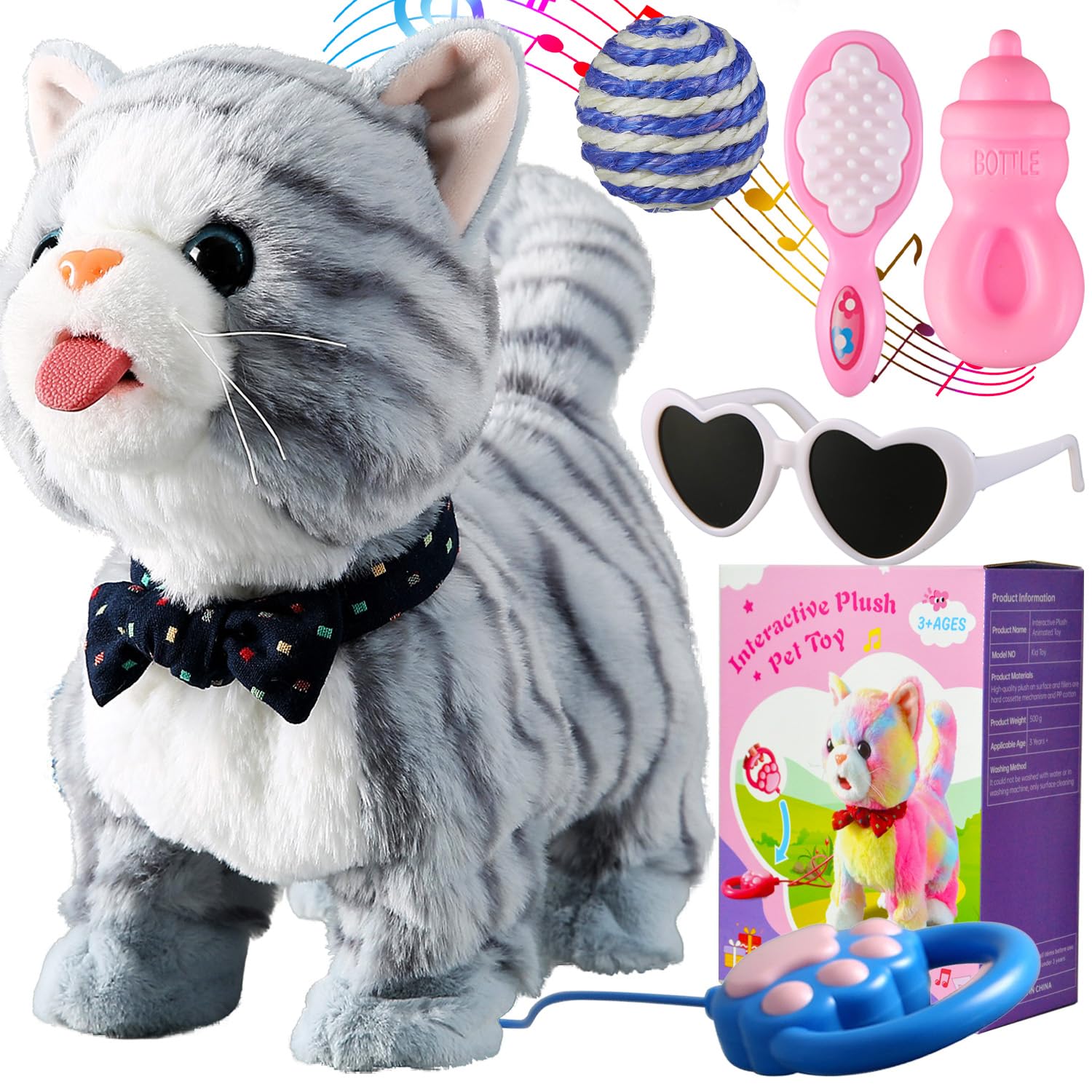 Marsjoy Gray Leash Walking Cat Set Interactive Talking Singing Dancing Kitten Mimicking Repeat What You Say Kitty Touch and Voice Control Nodding Wagging Tail Electric Kitty — image 1