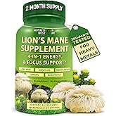 Organic Lion's Mane Supplement Capsules - Contains Naturally Occurring Beta Glucans & Polysaccharides, Enhanced with Organic Energy & Focus Support Blend: Cordyceps, Rhodiola Rosea, Ginseng, 120 Count