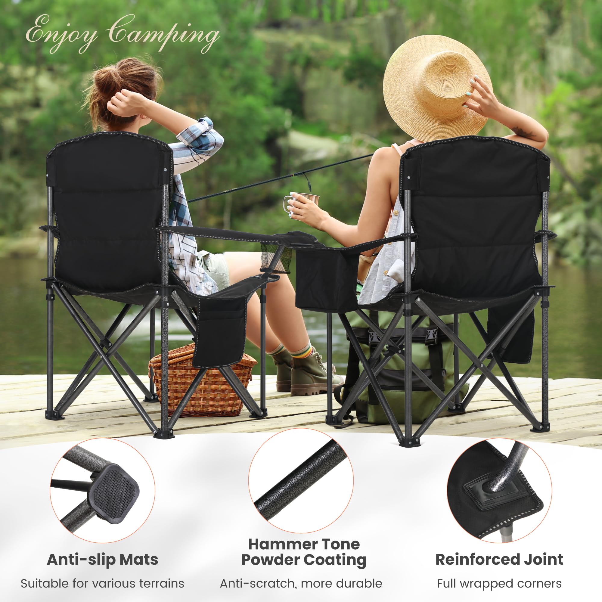 HIGH POINT SPORTS Campingstuhl Faltbar 200kg Klappstuhl Gepolstert mit Getränkehaltern Faltbarer Angelstuhl XXL mit Armlehnen, Schwarz 3