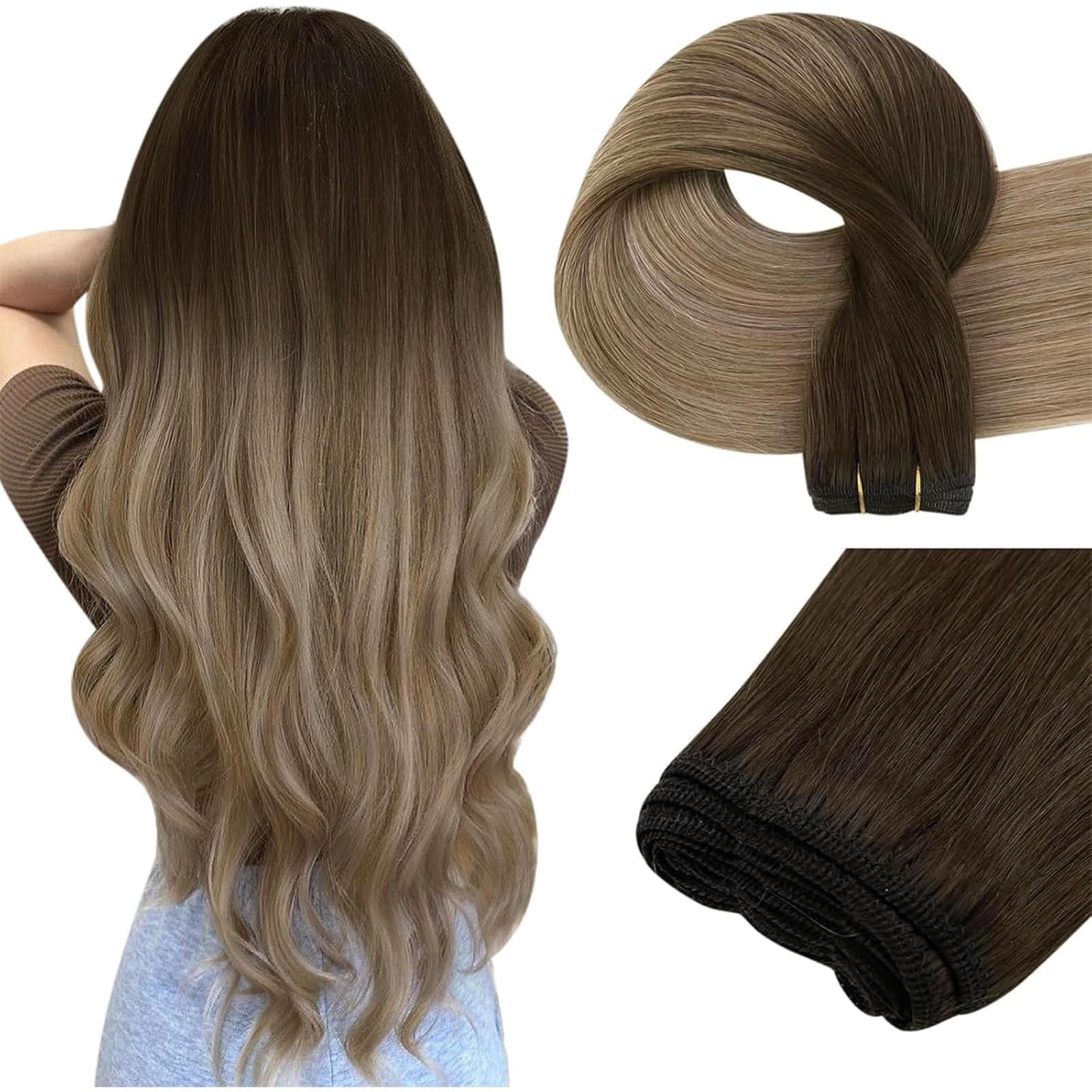 Easyouth Sew in Hair Extensions Real Human Hair Ombre Remy Human Hair Weft Extensions Dark Brown Ombre To Chestnut Brown Mix Ash Blonde Sew in Human Hair Extension with no Tangle 16Inch 100G