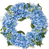Briful Hydrangea Spring Wreaths for Front Door, 16.5'' Blue Hydrangea Artificial Door Wreaths for Home Mantle Wall Farmhouse Decor