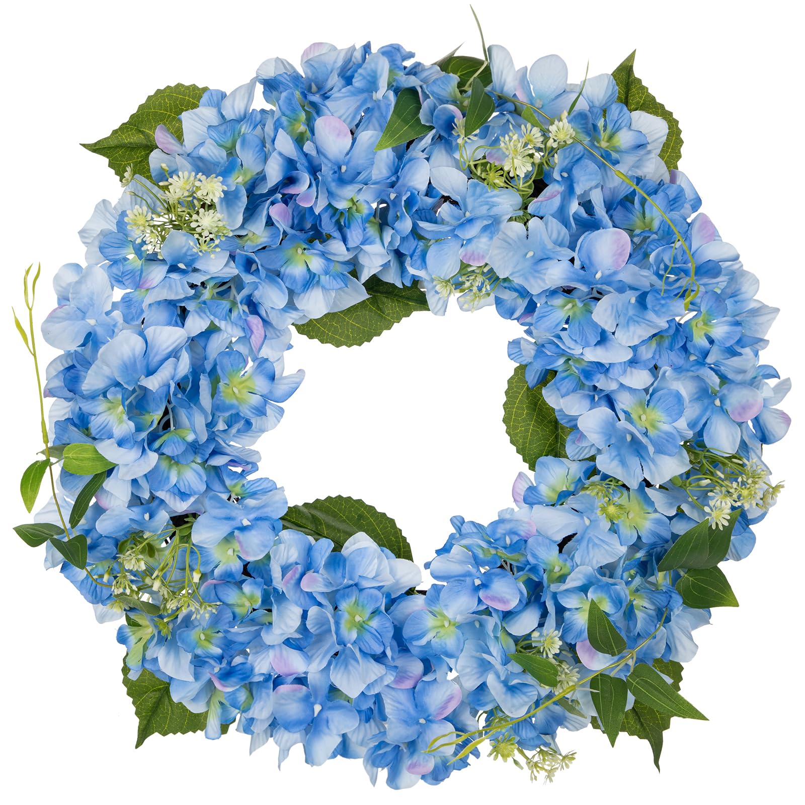 Hollyone 16'' Artificial Hydrangea Wreath - Blue Fake Flower Wreath, Faux Hydrangeas for Front Door, Floral Arrangements for Mantel, Kitchen, Farmhouse, Wall Decor
