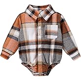 HAPPYMA Newborn Baby Boy Girls Plaid Outfit Flannel Romper Infant Long Sleeve Button Down Plaid Bodysuit (Gray Orange Plaid, 18-24 Months)