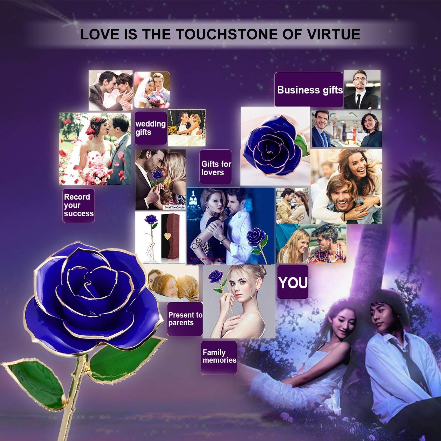 U-Kiss 24K Gold Rose Artificial Flowers, Long Stem Gold Rose Dipped, Gold Foil Trim Rose in Gift Box Women, Wedding, Party, Anniversary, Birthday, Valentines, Home Decor, Blue Rose Stand