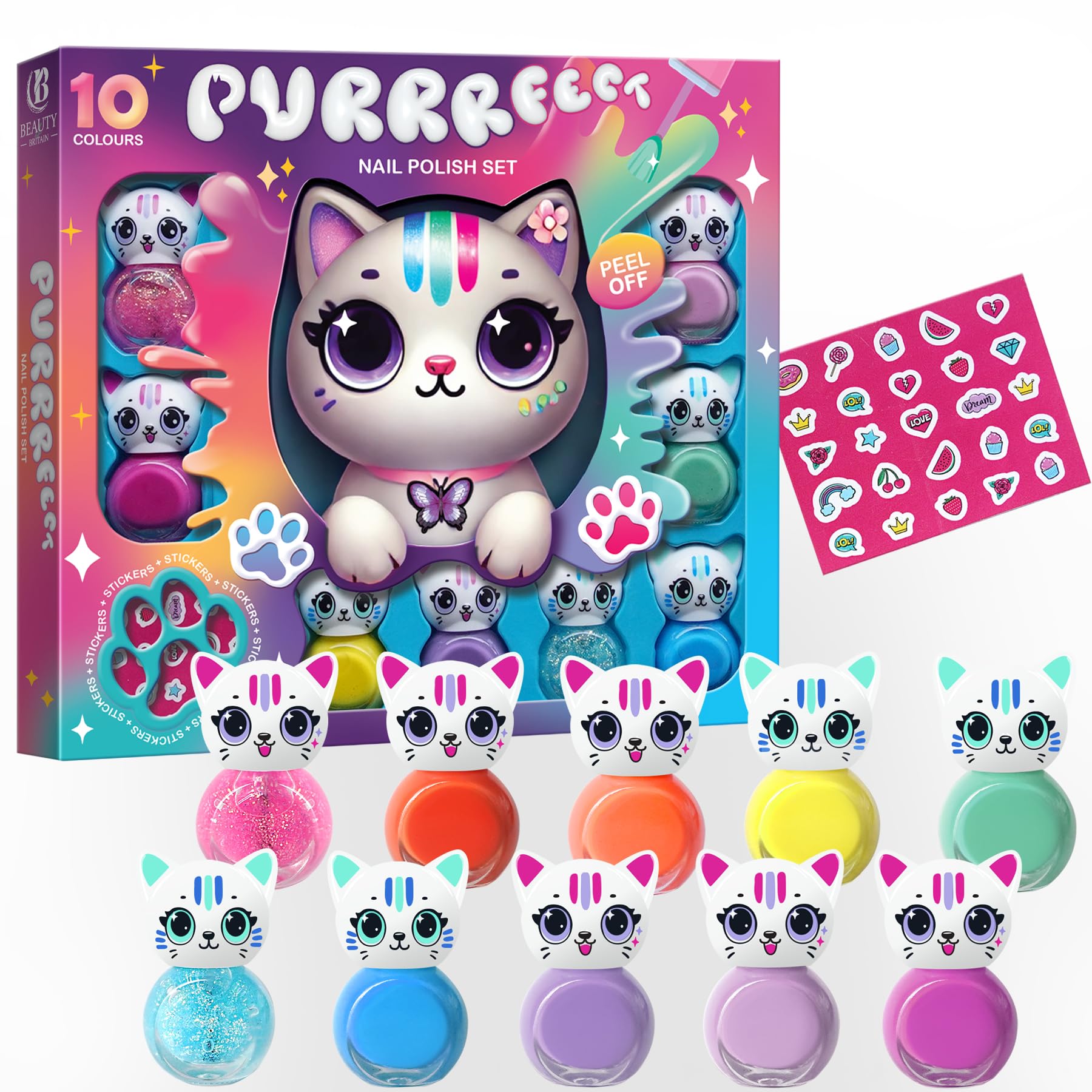 Kids Nail Polish Set Cat Shaped Water-Based Nail Polish Set, beauty4britain, 10 Colours, Quick Dry, Peel Off, Cat Nail Stickers Included, Display Gift Box