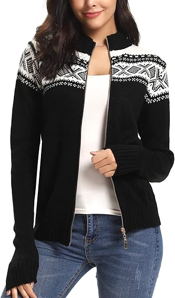 Sykooria Gilet Noel Femme Hiver Chaud Cardigan En Tricot A Glissiere Manches Longues Sweater Imprime Pull Veste Tricote Chic Amazon Fr Vetements Et Accessoires