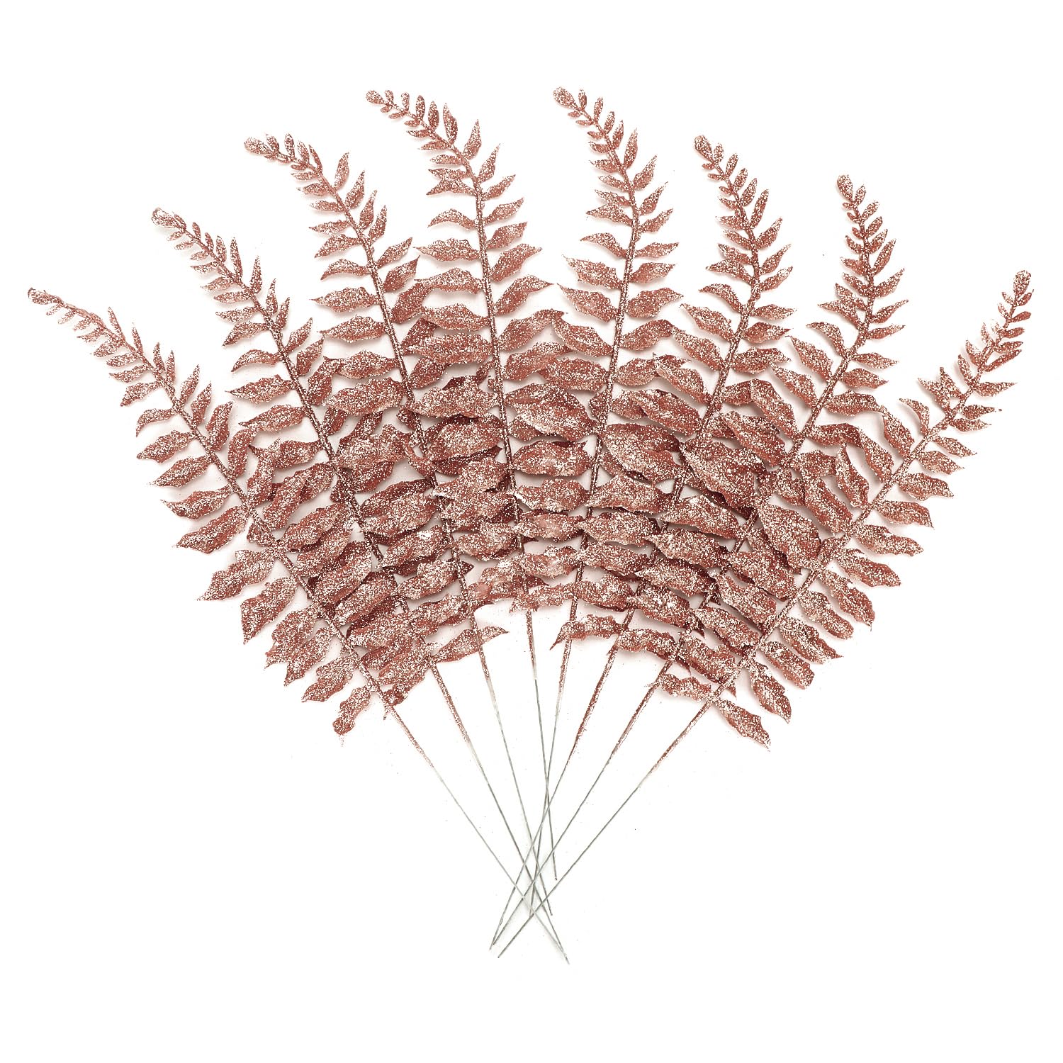 16Pcs Christmas Glitter Leaves Artificial Boston Fern Leaf Picks for Xmas Tree Decoration Vase Filler Flower Arrangment Hallloween Christmas Wreath DIY Crafts Decor (Rose Gold)