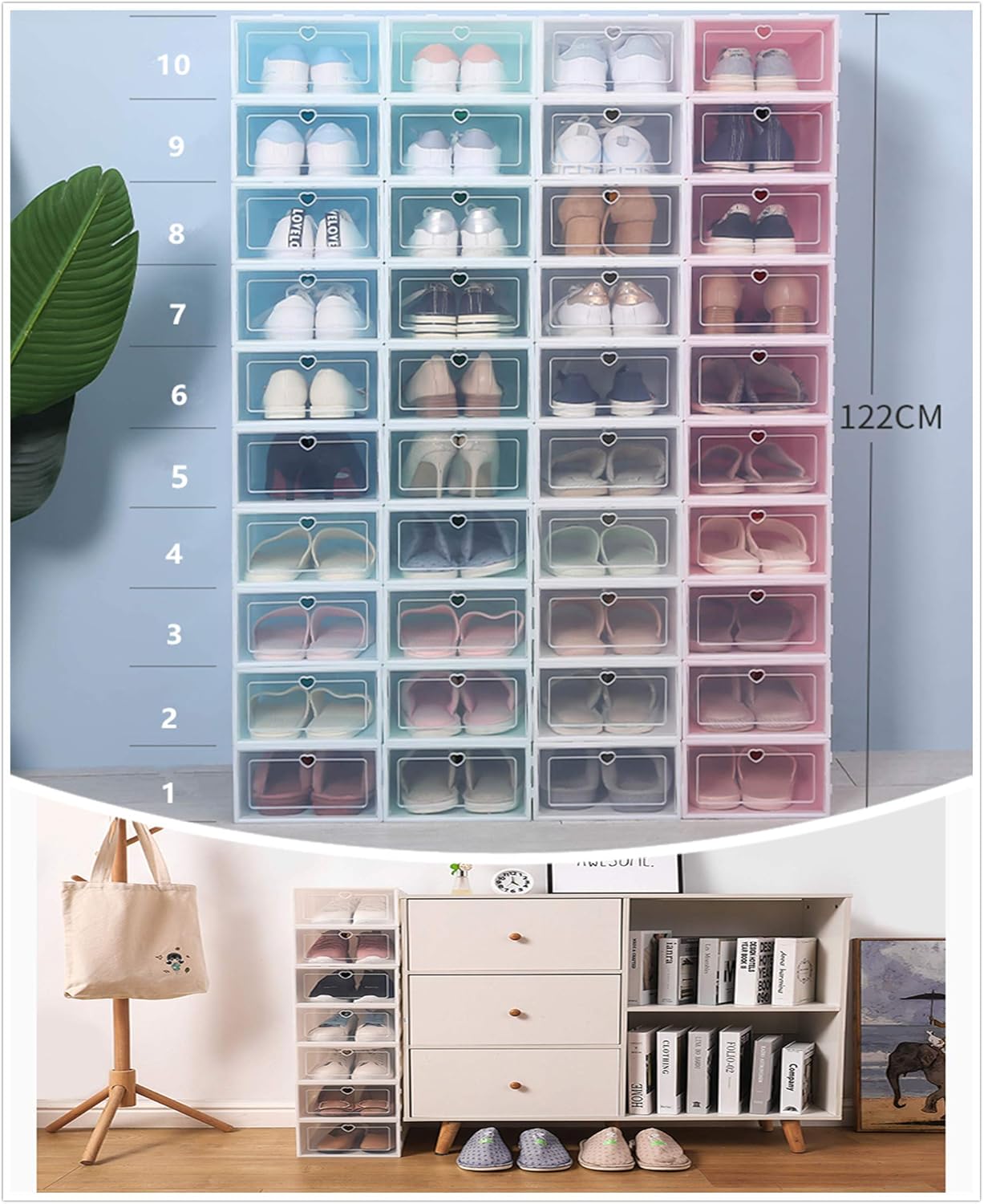 closetmaid 10 pair stackable shoe rack on Clear Stackable Boxes Entryway 12 Pieces Shoe Storage Cabinet For Closet Organizer Transparent Home Kitchen Clothing Closet Storage