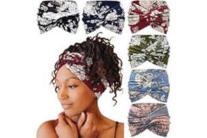 Tobeffect Wide Headbands for Women, 7'' Floral Printed Turban Headband Boho Hairband Twist Hair Accessories, 6 pack