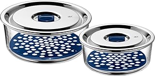 WMF Top Serve Frischhaltedosen Glas Set 2-tlg, Aufschnittbox Glas mit luftdichtem Deckel, Frischeventil, Aufbewahrung Glas mit Abtropfgitter, Käsedose