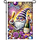 BlissYard New Year Garden Flag 12x18 Inch Double Sided Gnome Flags Champagne Banner Fireworks Ornament Purple Gold Gifts Decor Small Yard Flag Holiday Celebration for Outdoor Winter Porch Display