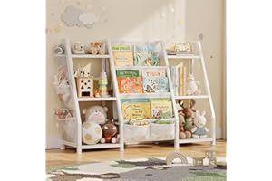 Kids Bookshelf and Toy Storage: 3-Tier Baby Bookcase with 3 Pockets, Toddler Storage Furniture for Kids Rooms, Playroom, Bedr