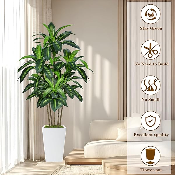 6FT ARTIFICIAL DRACAENA TREE, FAKE TREE INDOOR WITH WHITE TALL PLANTER,TALL ARTIFICIAL PLANTS INDOOR,ARTIFICIAL SILK TREE FOR HOME OFFICE DECOR (WHITE)