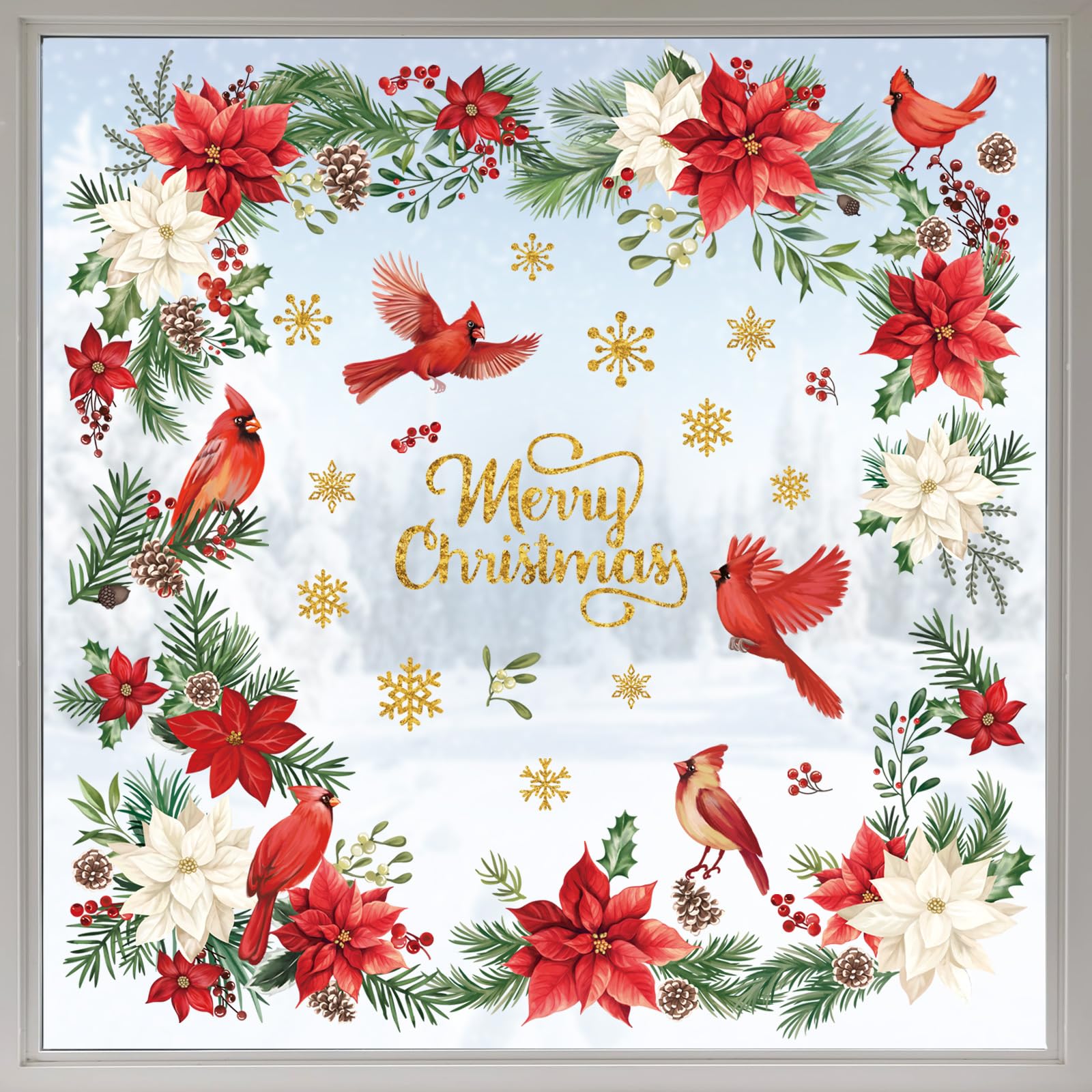 wondever Christmas Flower Cardinal Birds Window Clings Christmas Leaves and Floral Glass Sticker Decal Anti Collision Double-Side Static Window Decals for Glass Window Christmas Party — image 1