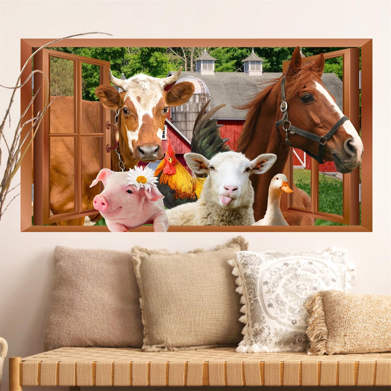 Funny Farm Animals Wall Stickers 3D Fake Window Animal Wall Decals Peel and Stick Farmhouse Animal Wall Art Stickers Cow Decals Peeking Horse Rooster Vinyl Decals for Living Room Kitchen Bedroom Decor
