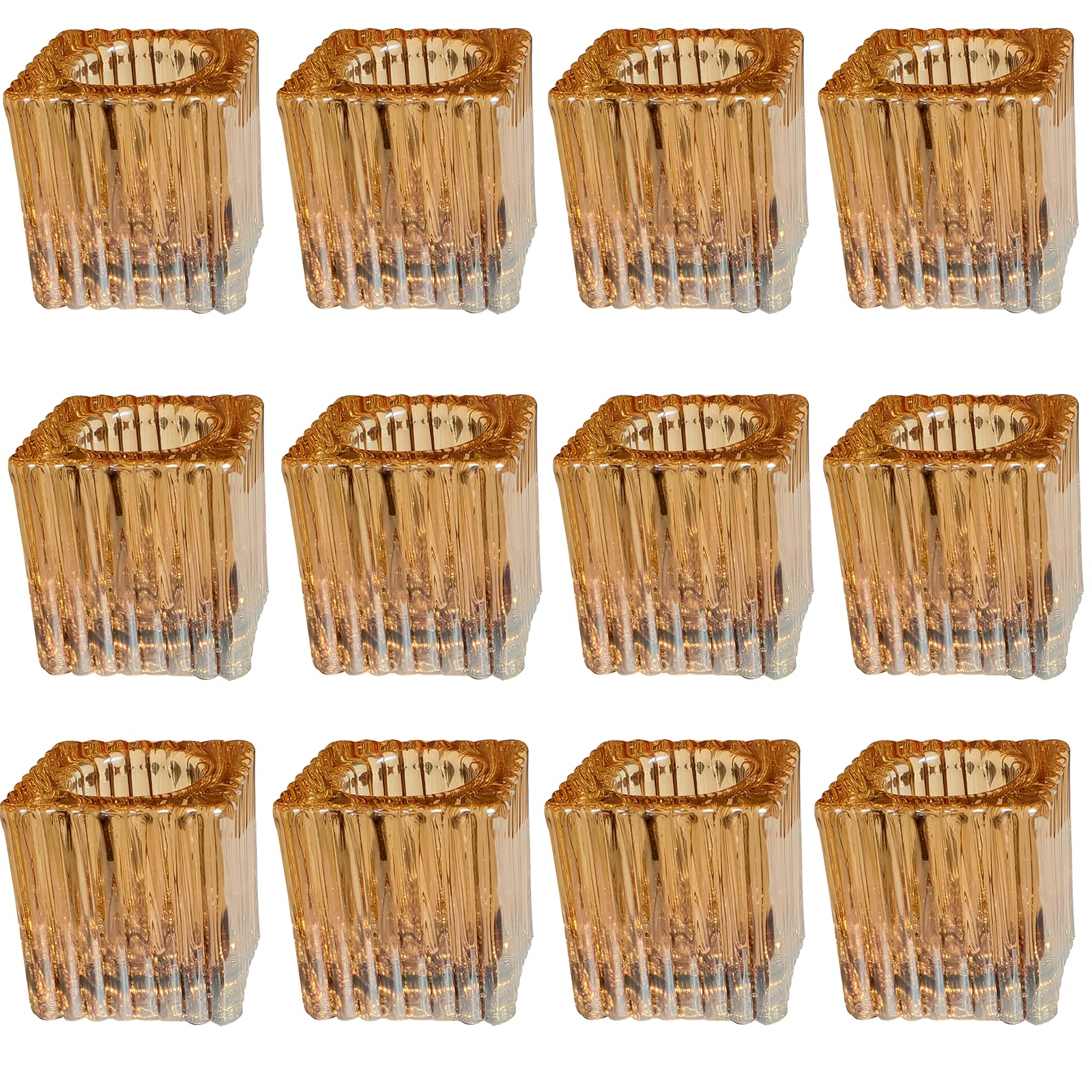 Glear Glass Square Candle Holder，AOOGON 12 Packs Candlestick Holders Pillar Candle Holders for Wedding Date Home Decoration Taper Holders (12pcs, Amber)