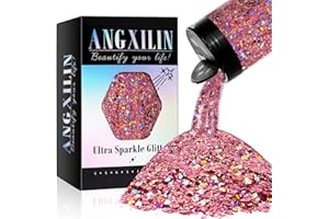 ANGXILIN Holographic Chunky Glitter, 190g/6.7oz Chunky and Fine Mixed Craft Glitter, Bulk Laser Sequin Glitter for Face Body Nail Art,Epoxy Resin Tumbler Jewelry Making Glitter (Laser Pink Red)