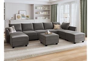 HONBAY Modular Sectional Sofa Set Oversized U Shaped Couch with Storage Ottoman Convertible Sleeper Sectional Sofa Velvet Modular Couch with Wide Chaise, Grey