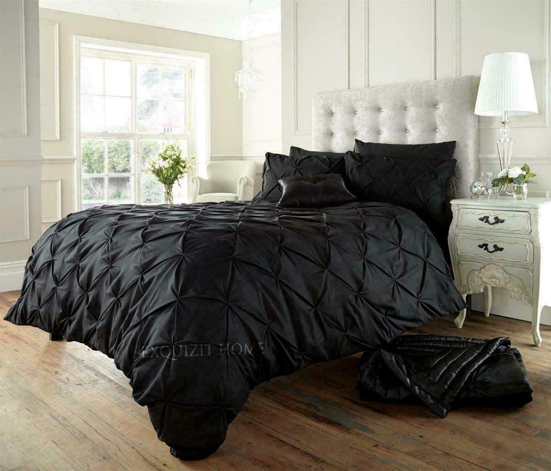 EXQUIZIT HOME Duvet Quilt Cover Pin Tuck Pinch Pleat Alexander Alford Reversible Diamond Bedding Set With Matching Pillowcase Black Superking 260cm x 220cm Approximate