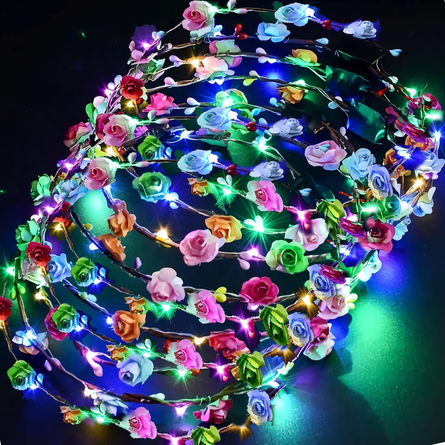 PTHTECHUS LED Flower Crown Headband, 12 PCS LED Light Up Flower Wreath Headband for Women, Girls, All Ages, Party, Festival, Wedding