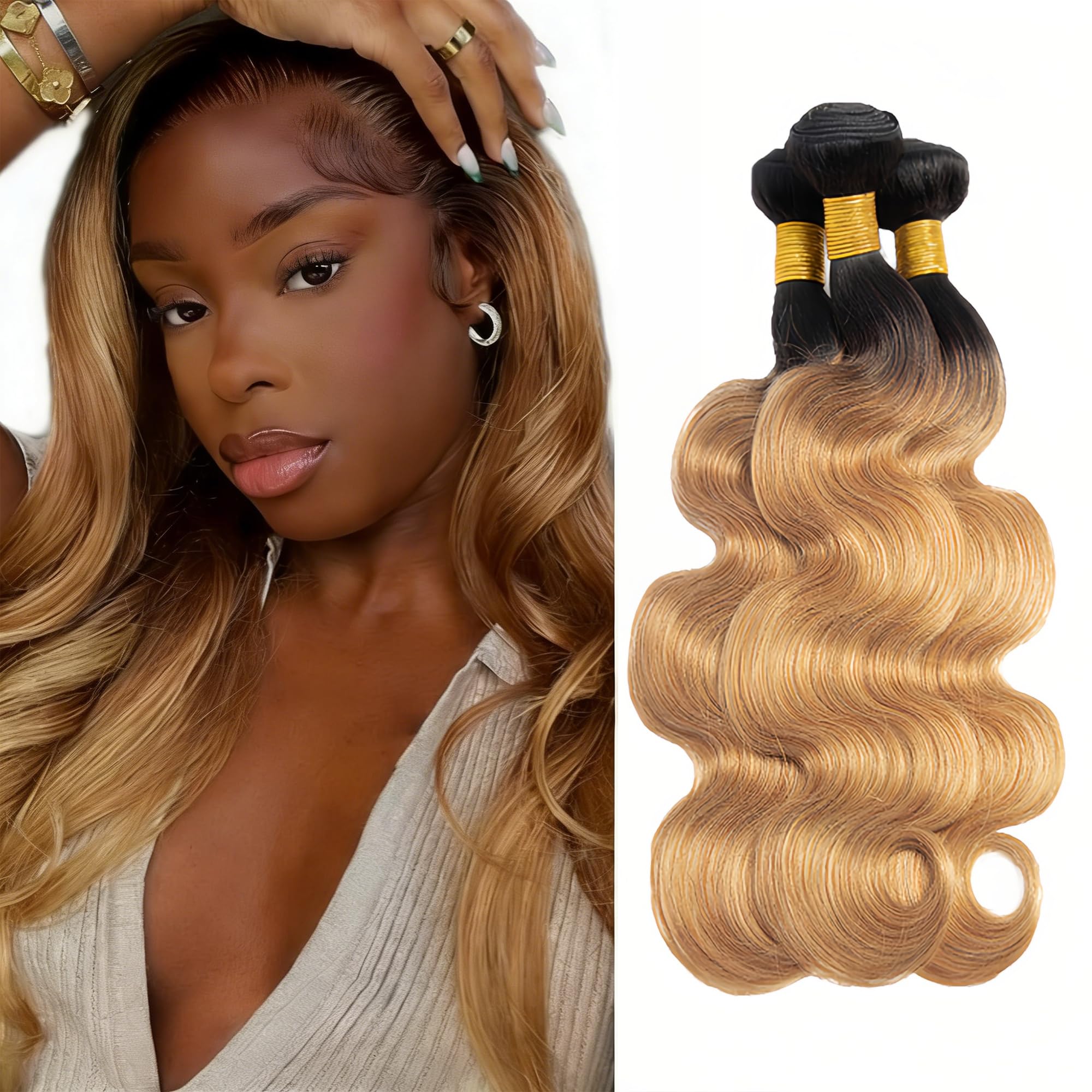 Photo 1 of Honey Blonde Bundles Human Hair Ombre Body Wave Bundle Brazilian Virgin Remy Hair 3 Bundles 24 26 28 Inch Double Weft 2 Tone Black and Blonde Body Wave Bundle Hair Weave 150g