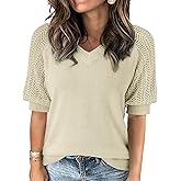 Women Half Sleeve Knitted Sweater, Fall Summer Solid Hollow Crochet Top - V Neck, Elasticity, No Pilling, Lightweight