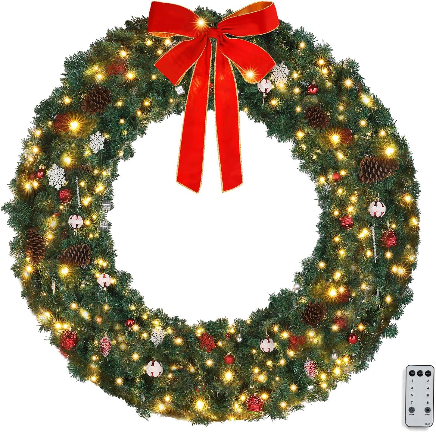 Wreaths, Garlands & Swags - VINGLI 60 Inch Pre-lit Large Christmas Wreath, Outdoor Christmas Wreath with Lights 220 LED and 600 PVC Branches for Garage, Xmas Wreath w/Bow, Pine Cones, Ornaments, Remote Control, Timer (Plug-in)