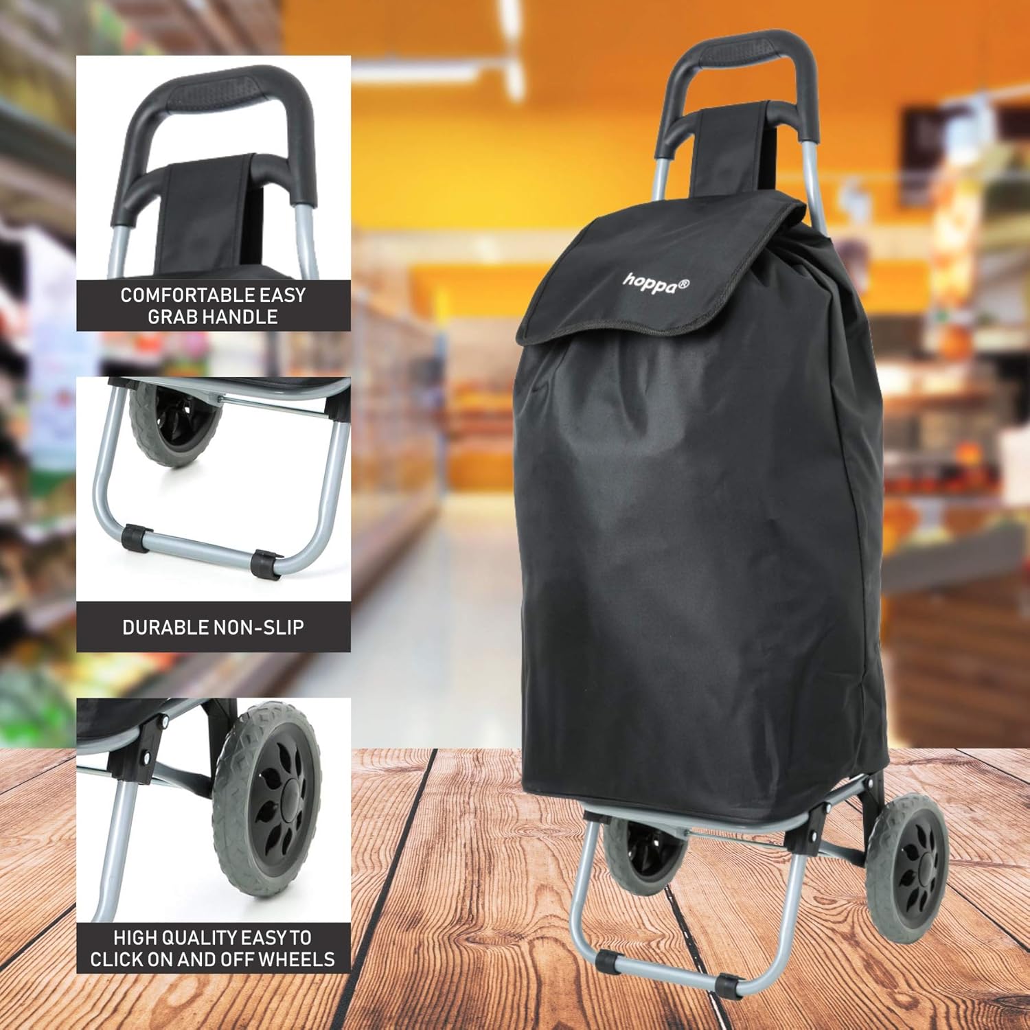 Hoppa Lightweight Shopping Trolley Folding 2 Wheel Large Capacity Shopper Black Amazon Co Uk Clothing