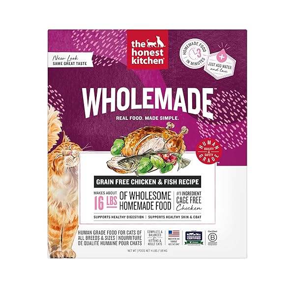 THE HONEST KITCHEN HUMAN GRADE DEHYDRATED GRAIN FREE CHICKEN & FISH CAT FOOD – COMPLETE & BALANCED MEAL OR TOPPER – 4 LB BOX