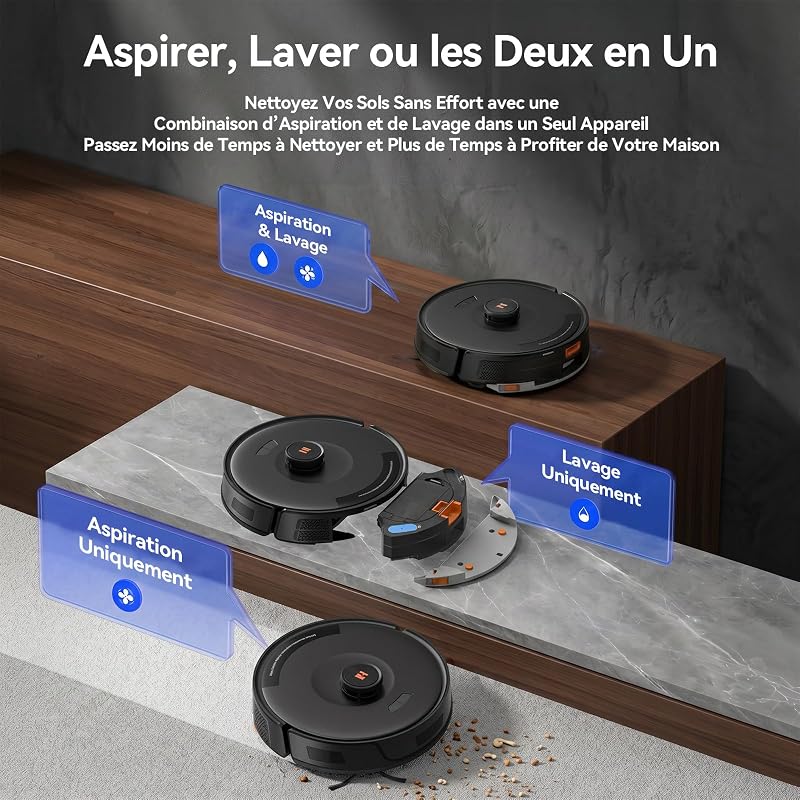 D8 Pro Robot Aspirateur Laveur, 38000Pa Robot Aspirateur avec Station d'Aspiration 4L, Anti-Enroulement des Poils, Navigation LiDAR, Robot 4-en-1 Aspirateur-Laveur pour Sols/Moquette