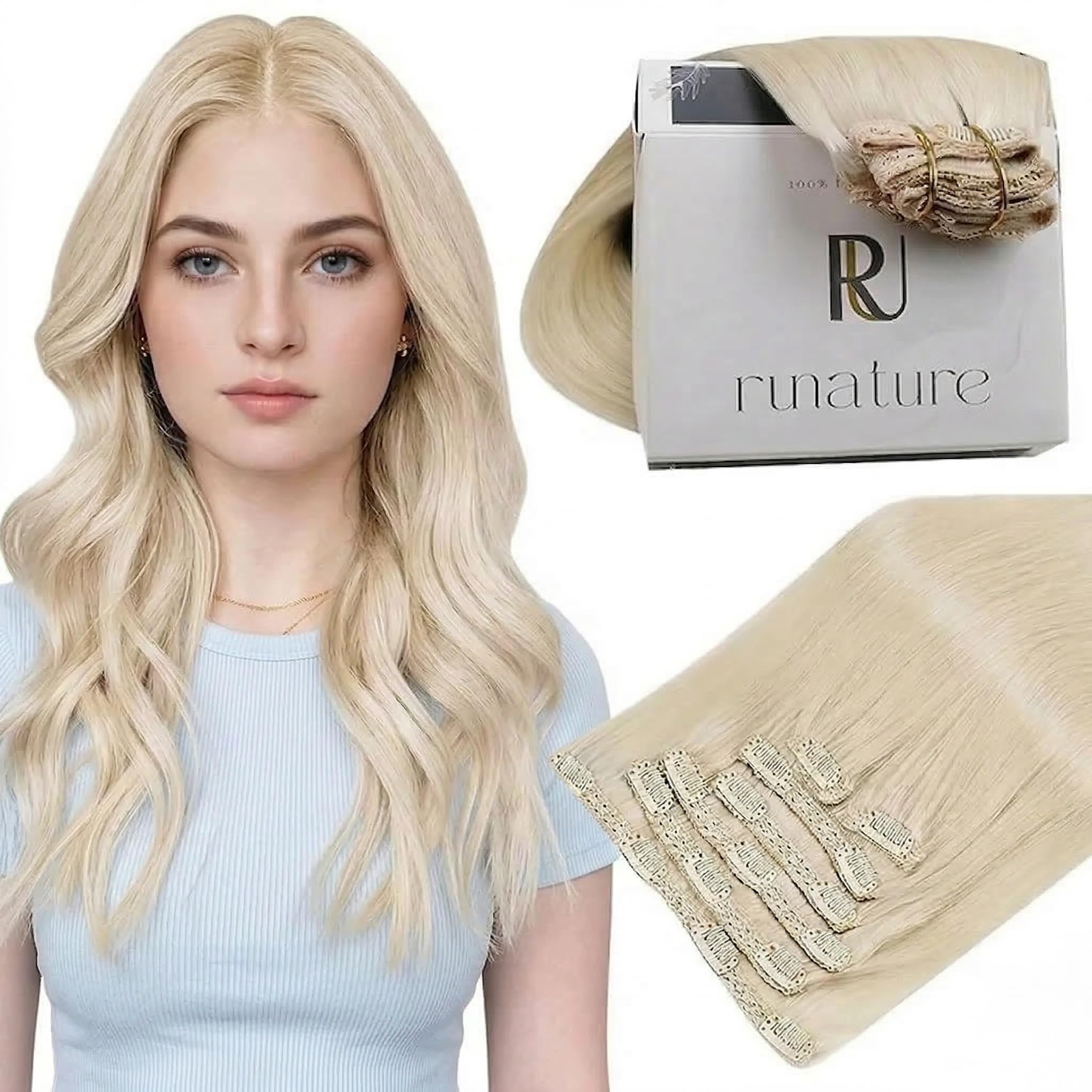 RUNATURE White Blonde Hair Extensions Clip in Real Hair Blonde Clip on Hair Extensions Human Hair Blonde Clip in Extensions Double Weft Straight 12 Inch 80 Gram — image 1