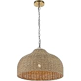 JONATHAN Y 20" Brown/Brass Gold 1-Light Rattan and Iron Dome Pendant Light, Adjustable Height Coastal Bohemian Hanging Lamp f