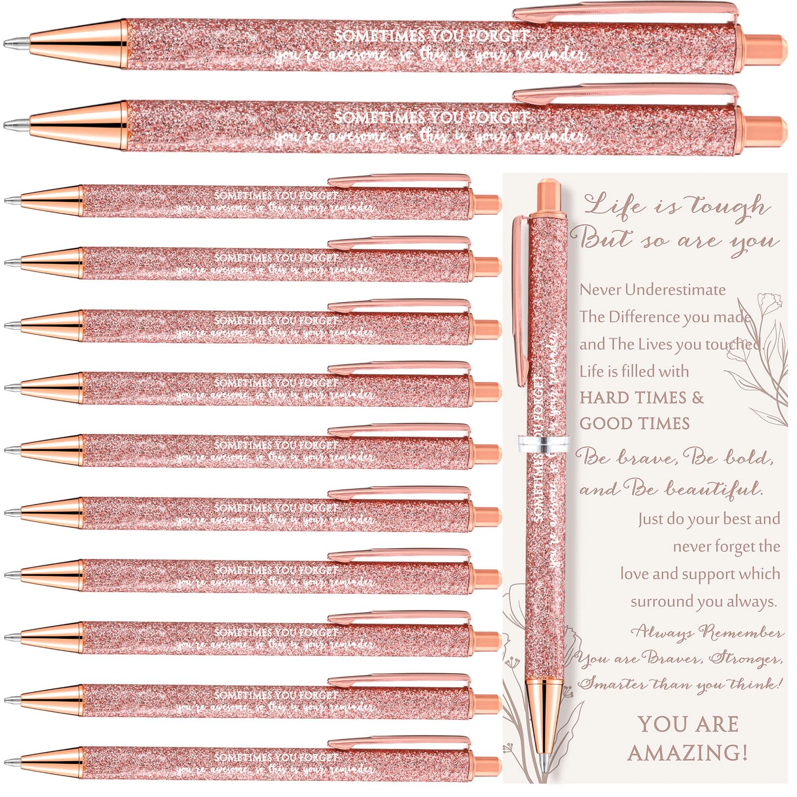 View 1 of 36 Set Inspirational Pens for Women Bulk - Rose Gold Glitter Ballpoint Pens with Quotes for Coworker Appreciation Gifts - Nurse Teacher Staff Christmas Desk Accessories Office Supplies (Awesome)