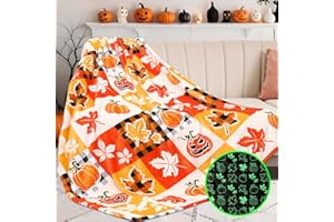 DESKSA Halloween Throw Blanket Kids Orange Plaid Fleece Fall Blanket Glow in The Dark Pumpkin Maple Leaf Blanket Cute Halloween Decor 50"x60"