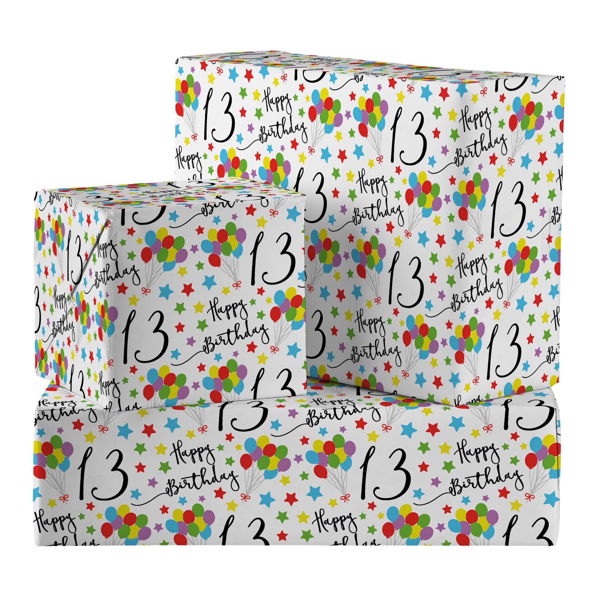 Hunts England - 2 Sheets Of 13th Birthday Luxury Wrapping Paper - Includes 2 Gift Tags - Age 13 Folded Gift Wrap For Him/Her - Iconic Collection - Colourful Age Thirteen Gift Wrap For Boys/Girls