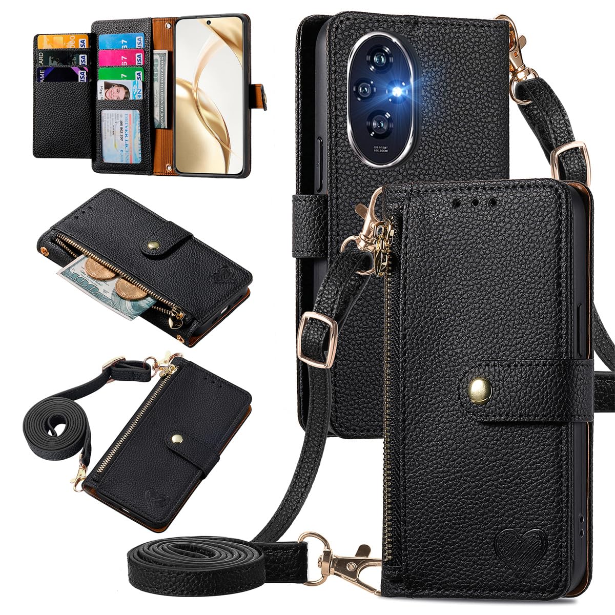 MOJIA Flip Case For Honor 200, Leather Zipper Flip Wallet Case Cover [with Shoulder Belt], Card Holder Multifunctional Anti-fall Phone Shell. Black