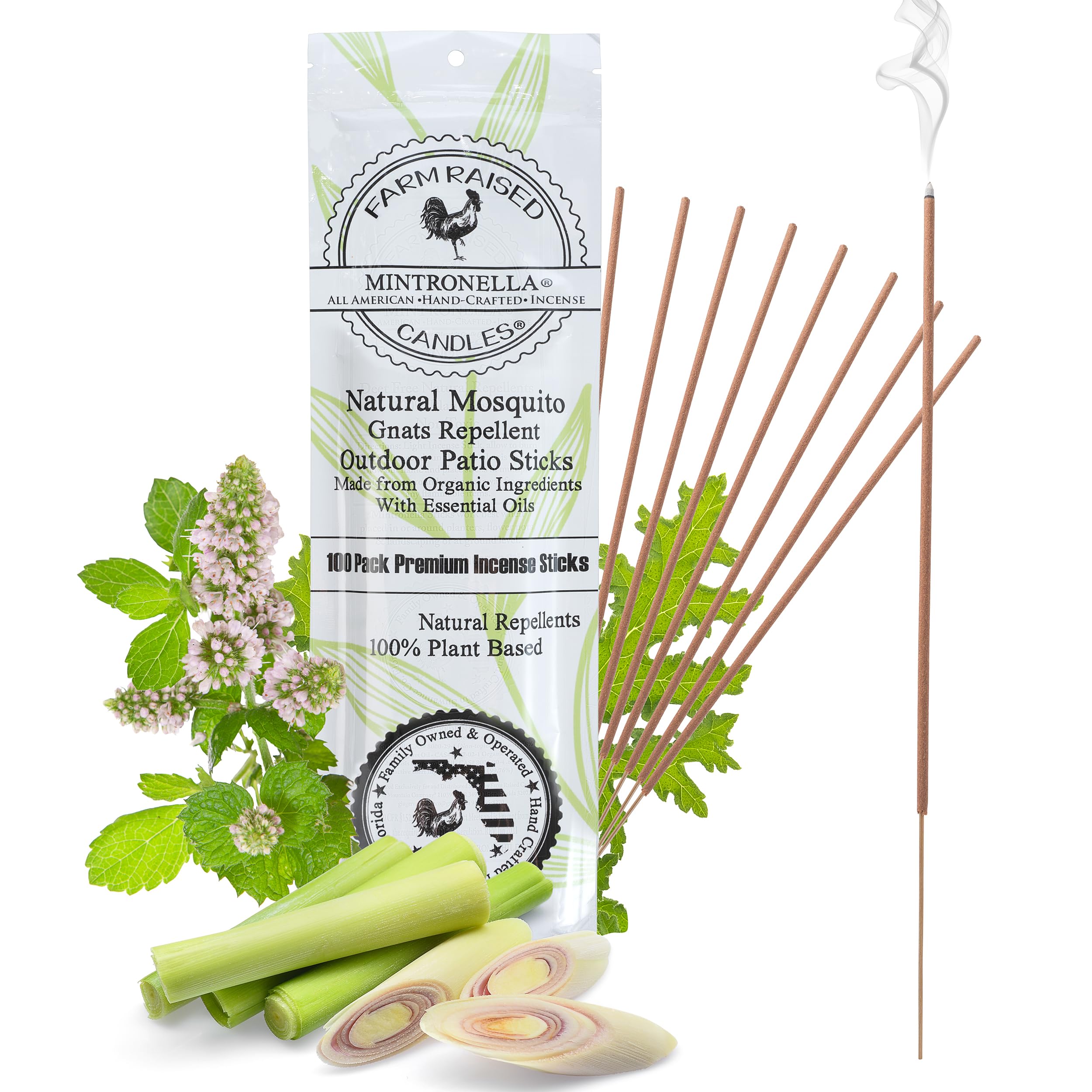 Farm Raised Candles Mintronella Citronella & Peppermint Mosquito Repellent Incense Sticks – 100 Pack – USA‑Made Natural Bug & Insect Repellent – Outdoor Camping, Patio Decor – No‑See‑Um & Gnats, Fly