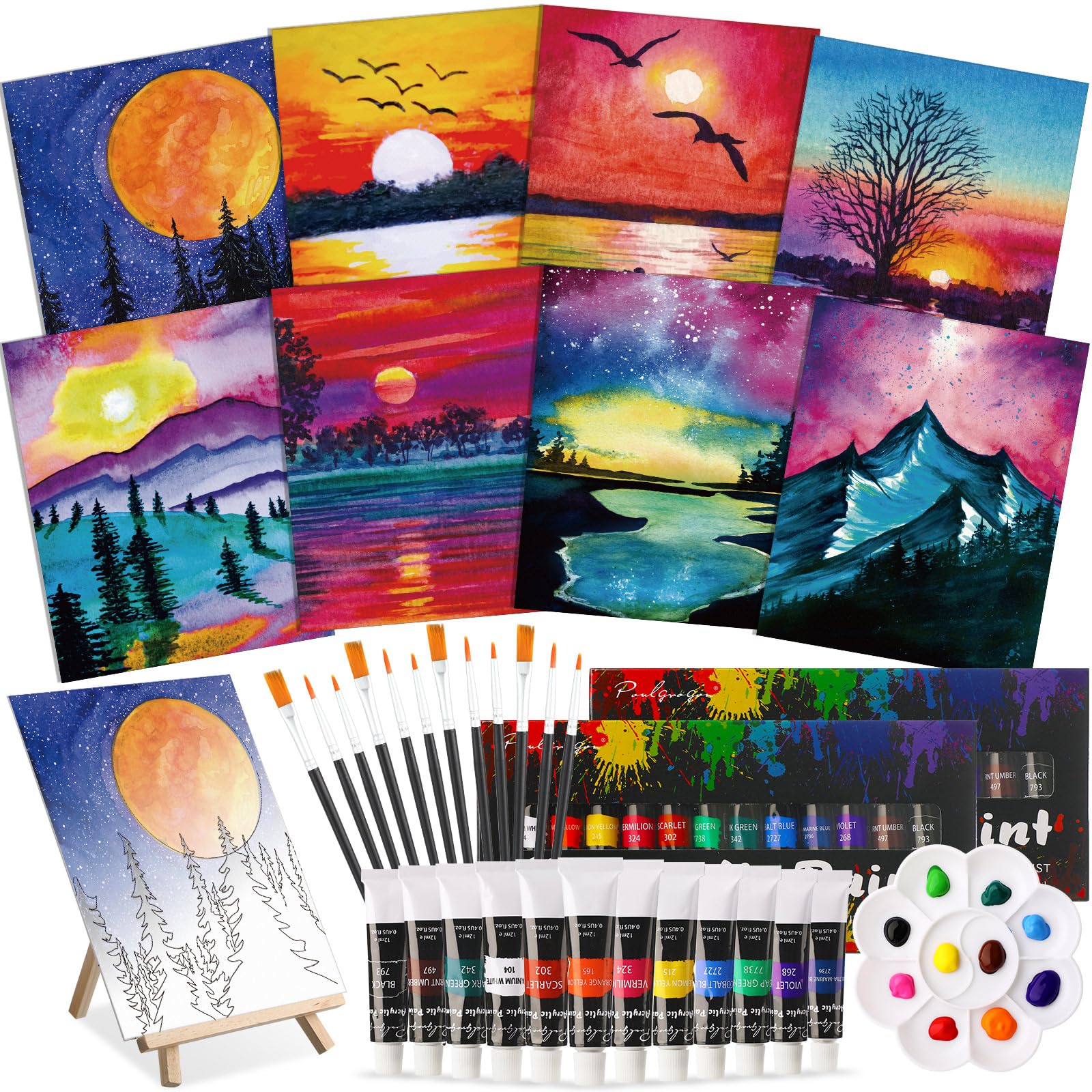 Photo 1 of Cholemy 36 Pcs Paint and Sip Kit for Adults 8''x10'' Pre Drawn Canvas for Painting DIY Afro Acrylic Painting Kit Wood Easel Brushes Date Night Bulk for Christmas Party Gifts(Mountain)