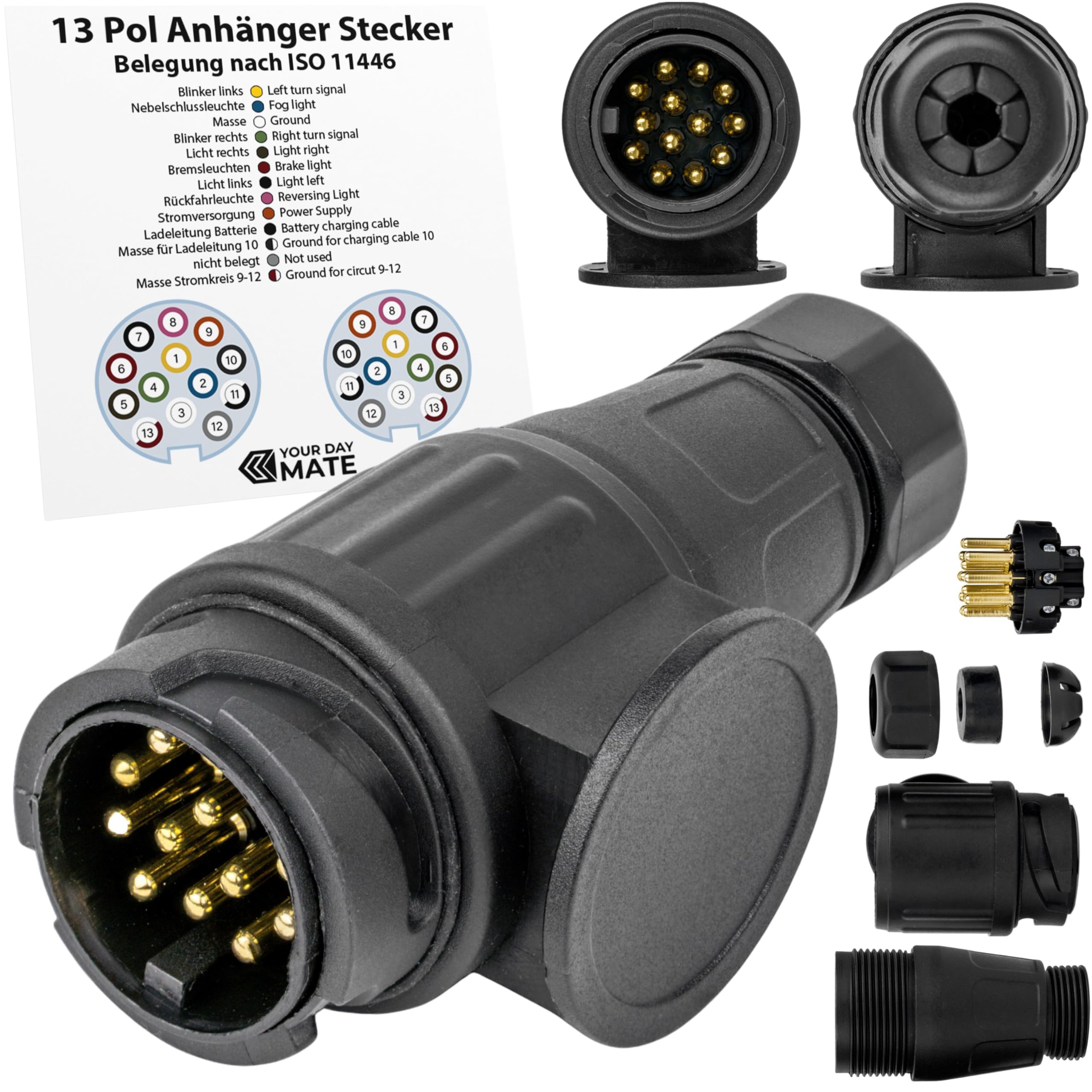 13 Pin Plug for Power Supply of Trailers and Caravans, Standardized Screw Contact according to ISO 11446, Plug Connection 13 Pole, Trailer Plug Adapter, Trailer Plug 13 Pin, for 12 V trailer systems