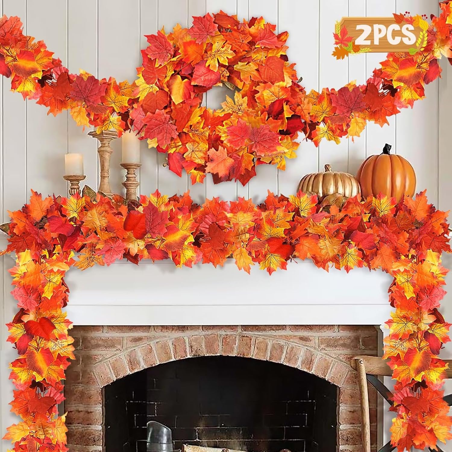 Wreaths, Garlands & Swags - Palmatte 2 Pack Fall Decorations for Home Porch Front Door, 5.8ft Fake Vines Fall Garland Leaves Autumn Harvest Thanksgiving Decor Outdoor Indoor Wedding Christmas Thanksgiving Decorations (Yellow)