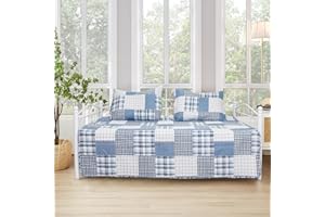 Kebury 3 Piece Plaid Daybed Cover Set Twin Reversible Daybed Bedding Sets Grey Blue Day Bed Cover Plaid Patchwork Bedspread Coverlet for Twin Bed with 2 Standard Shams,39"x75"