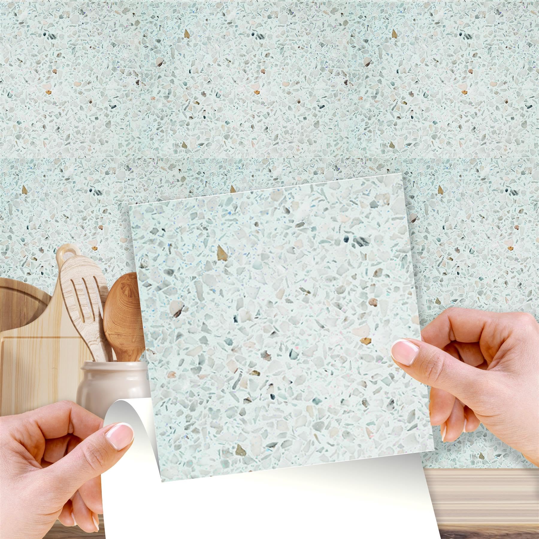 WALPLUS 15cm (6") Marble Terrazzo Metallic Silver Mosaic Wall Stickers – 24pcs | Peel and Stick, Self-Adhesive for Kitchen, Bathroom, Backsplash, and Surface Makeovers