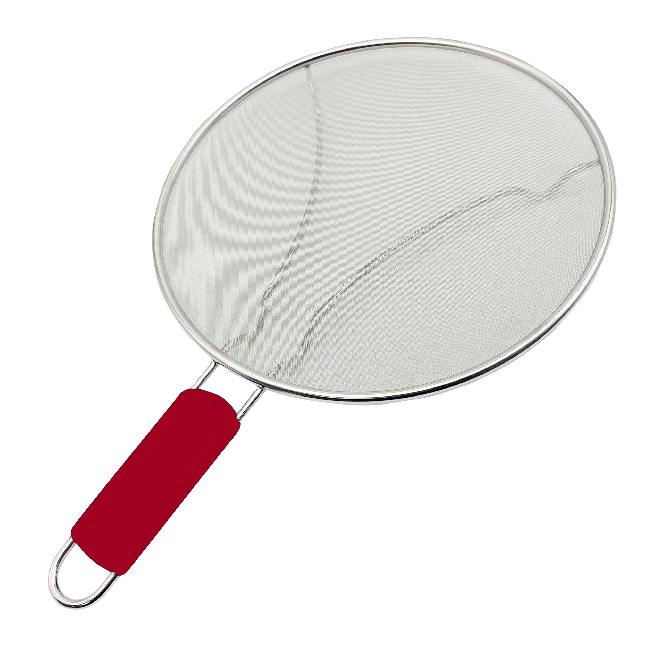 MAKREL® Premium Stainless Steel Splatter Screen Guard Extra Fine Mesh Frying Pan Cover with Heat Resistant Handle. Protect from Hot Oil & Grease Splash When Cooking and Frying (Red Handle, 29cm)