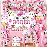 155Pcs My First Rodeo Decorations Girl,Western Cowgirl 1st Birthday Balloon Arch,Banner,ONE Box,Tablecloth Theme Party Supplies for Baby Girl 1st Birthday,Girls Baby Shower Party