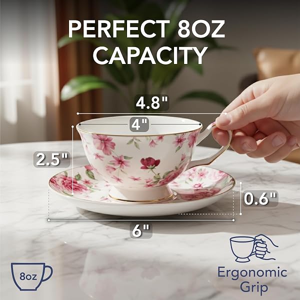 BTAT- FLORAL TEA CUPS AND SAUCERS, 8 OZ, SET OF 6