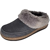 Clarks Womens Slipper Suede Leather Scuff Toe - Plush Faux Fur Collar/Lined With A Cork Midsole - Open Back Indoor Outdoor House Slippers For Women (Grey US 6)