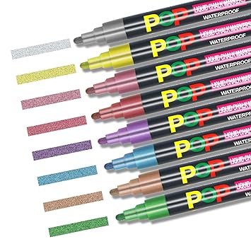 Umitive 8pcs Flüssig Kreidemarker, Metallicfarben, Reversible Stiftspitze 6mm, Abwaschbar, Gebrauch Auf Whiteboard, Kreidetaf