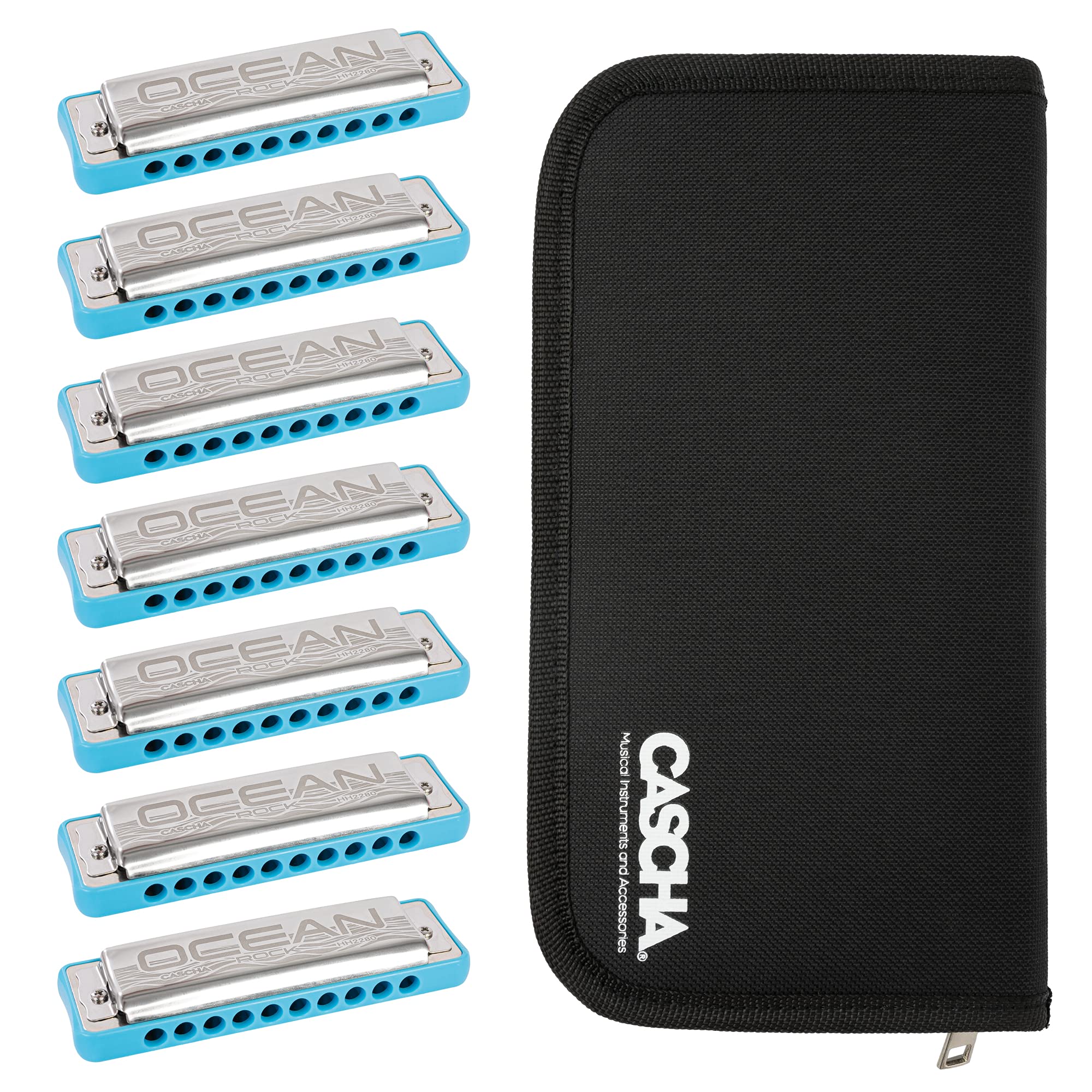 Ocean Rock Harmonica Pack 7 (C-D-E-F-G-A-Bb), 7 Harmonicas with Bag, Blue