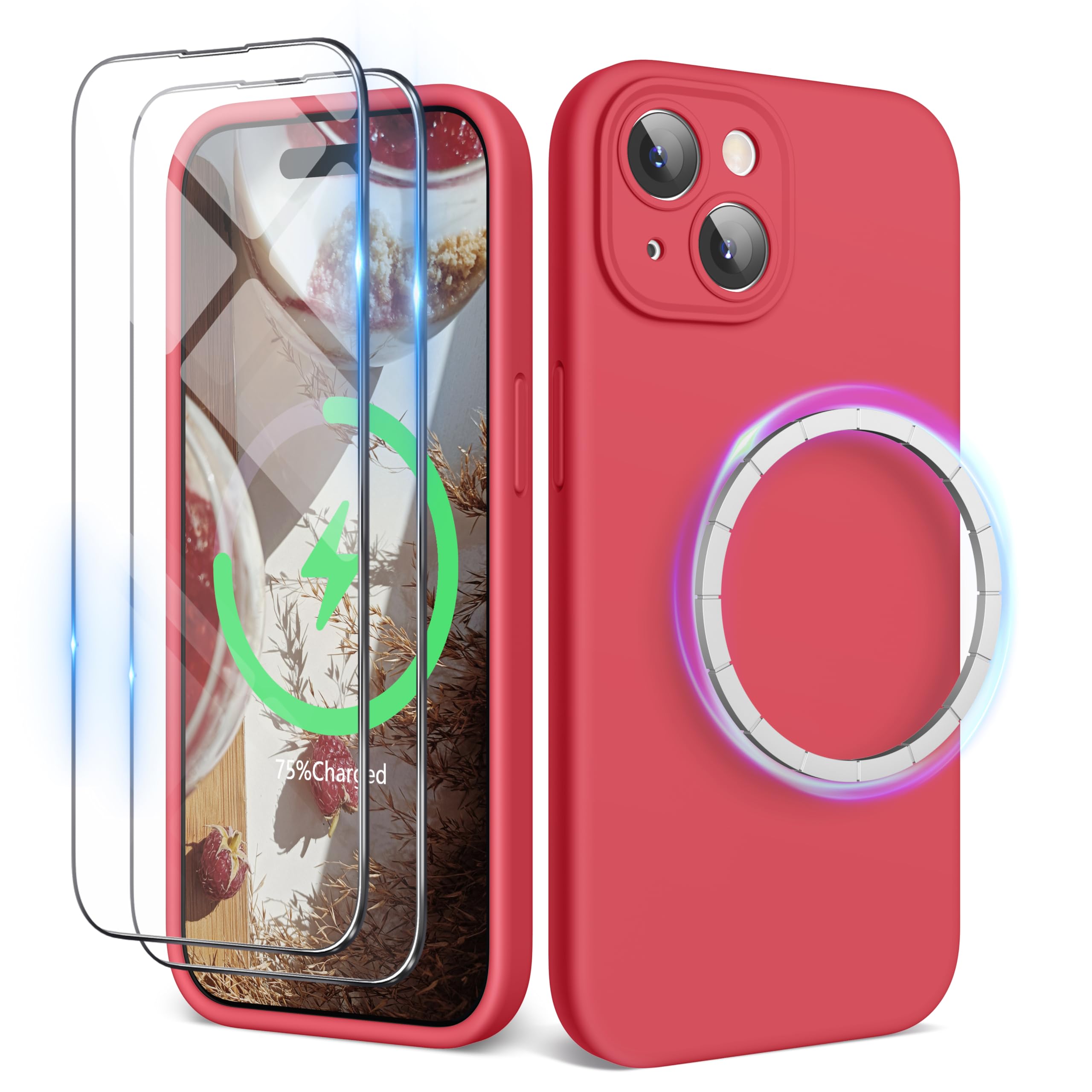 SURPHY Magnetic Case for iPhone 15 Plus Case with Screen Protector, Liquid Silicone Anti-Scratch Compatible with MagSafe Gel Rubber Phone Case for iPhone 15 Plus 6.7 inch, Guava