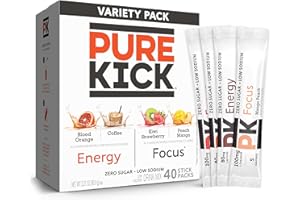 PURE KICK Energy and Focus Singles To Go Drink Mix Variety Pack,Blood Orange, Coffee, Strawberry Kiwi and Peach Mango, 40 Count (Pack - 1)